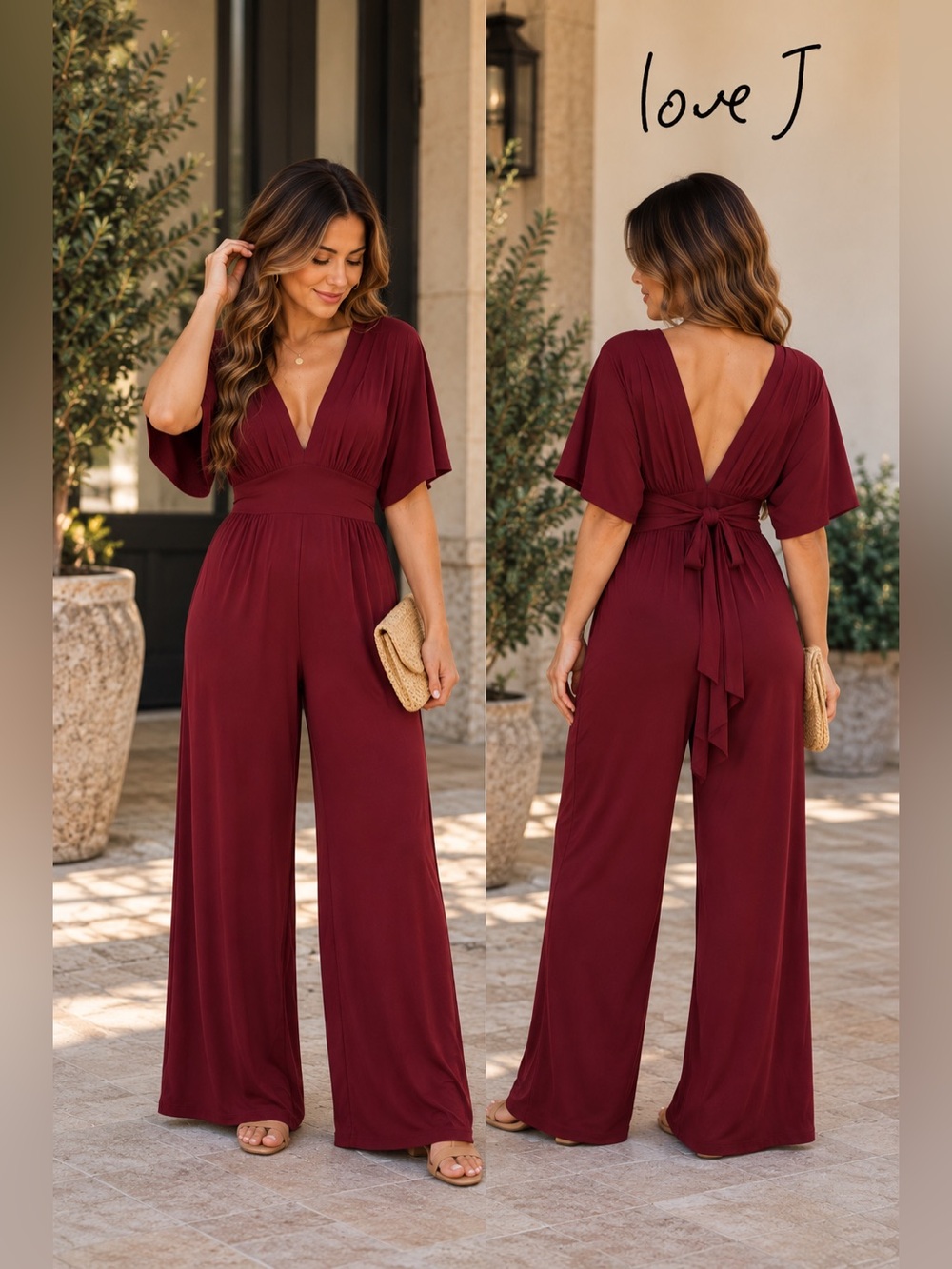 Love J Red Deep V-Neck Wide-Leg Jumpsuit Size L